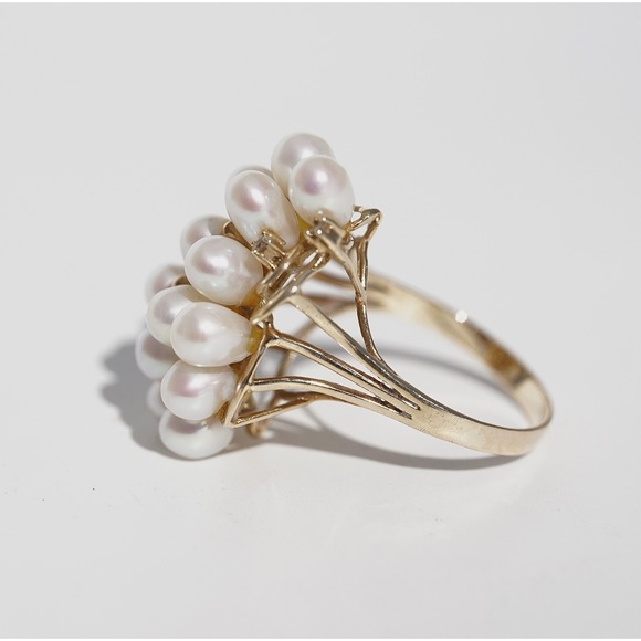 Vintage 14k Solid Yellow Gold Real Pearl & Natural Diamond Ring - Luster Cluster - Picture 12 of 12